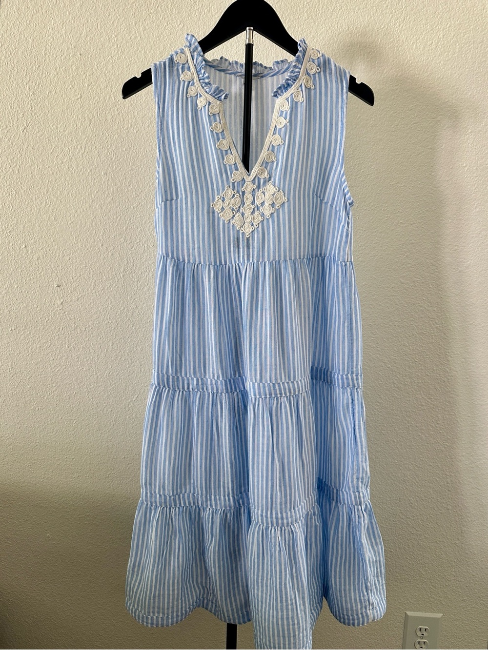 Johnny Was Calme Tiered V-Neck Midi Dress Blue Carana stripe sz XS COTTON - Picture 2 of 8